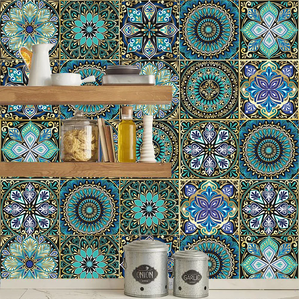 Dreamlike Blue Mandala Style Strips Tiles Wall Sticker Transfers Covers for Kitchen Bathroom Waterproof Peel & Stick Art Mural