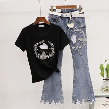 

Fashion Tshirt Women Set Summer New Korean Diamond Flowers print Short sleeve T-shirt + Frayed Flare Jeans 2 Piece Set H016