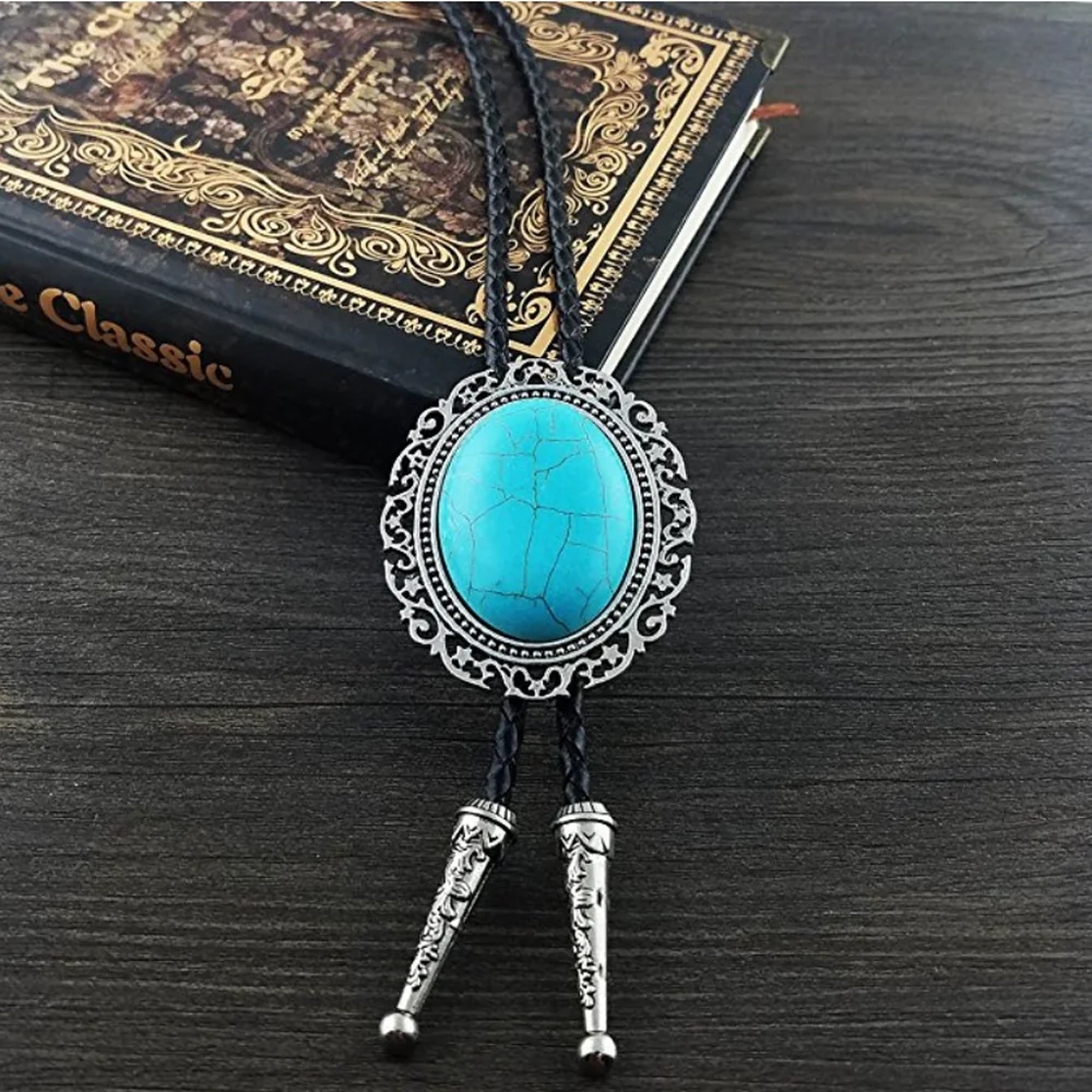 

Original Western Cowboy BOLO Tie Clip Middle Inlay Big Turquoise Wavy Lace PU Leather Rope Mens Fashion Jewelry