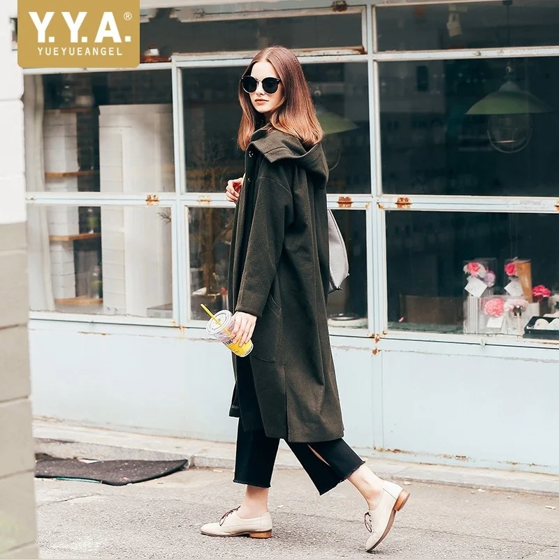 

Fashion Euro Women Long Trench Coat Hoody Loose Fit Woolen Blends Dust Coat High Street Female Maxi Overcoat Windbreaker Trench