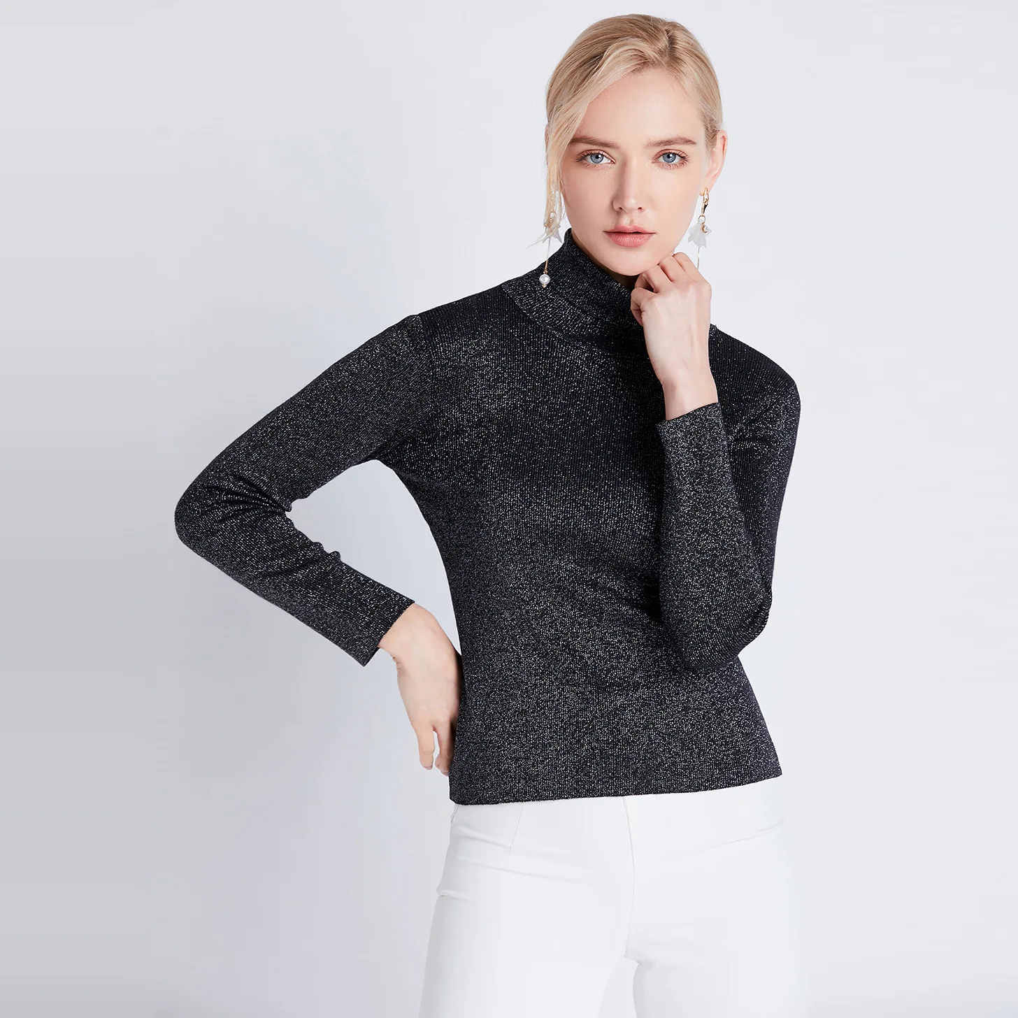

New Glitter Turtleneck Women Pullover Sweater High Elasticity Knitted Ribbed Slim Jumper Autumn Winter Basic Female Sweater