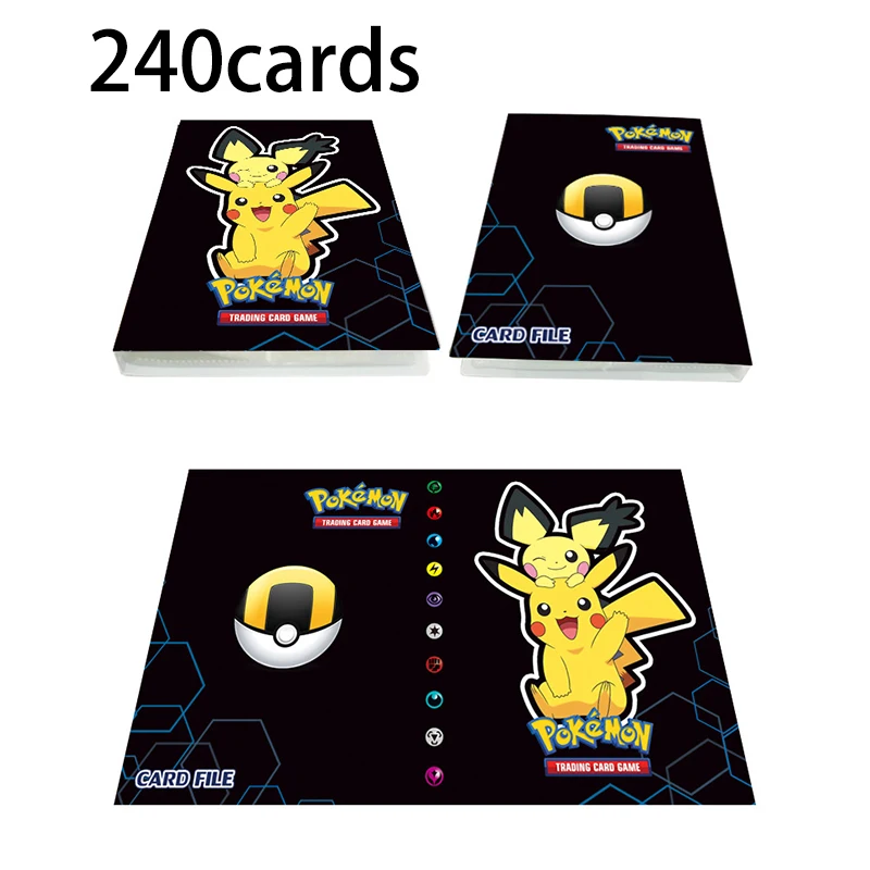 Tarjetas de Pokémon PIKACHU negras, álbum de tarjetas de Anime de dibujos animados, bricolaje, coleccionistas, soporte de lista cargado, carpeta de capacidad, juguetes, 240 Uds.