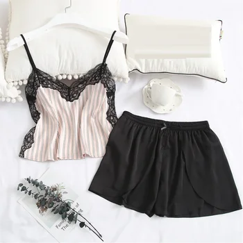 

Summer Women Sexy stitching collar suspenders pajama suit ice silk comfortable home clothing