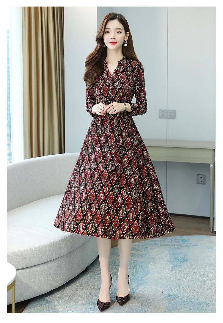 Plus Size Autumn Winter Long Sleeve Dresses 2020 Vintage Print Boho Casual Midi Dress Elegant Women Bodycon Party Maxi Vestidos