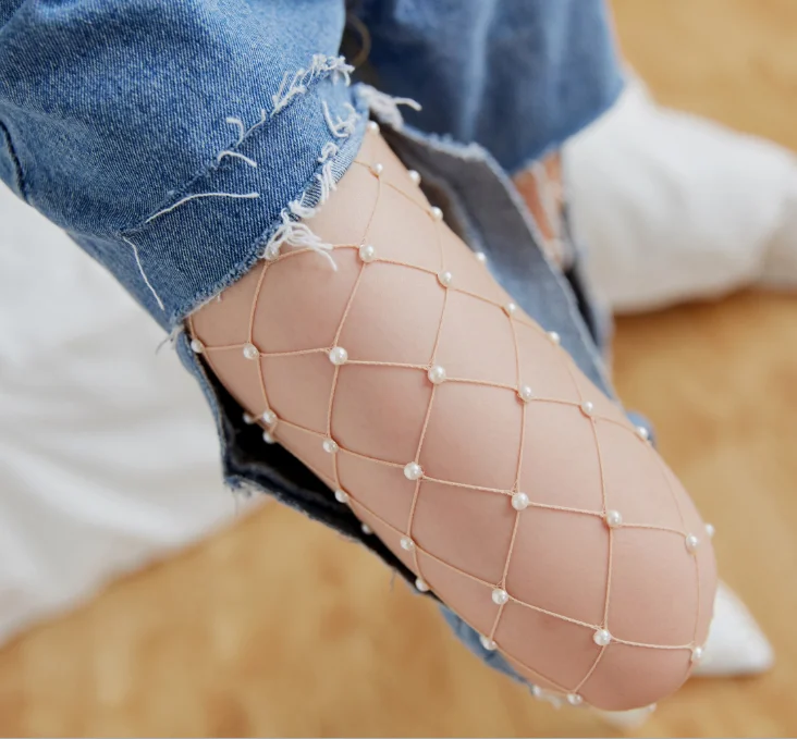 

Women Tights Imitation Pearl Fishnet Stockings Female Hollow out Mesh Fishnet Pantyhose Ladies Girls Fishnet Hosiery