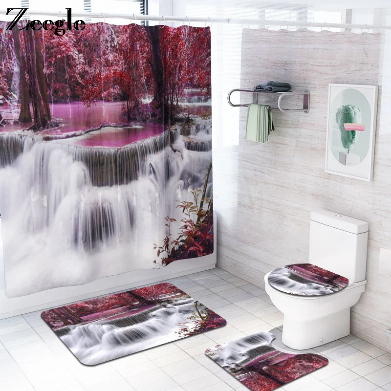 Zeegle Shower Curtain with Bath Mat Set Toilet Pedestal Rug Anti Slip Foot Mat Absorbent Toilet Seat Cover Mat 4pcs Toilet Set