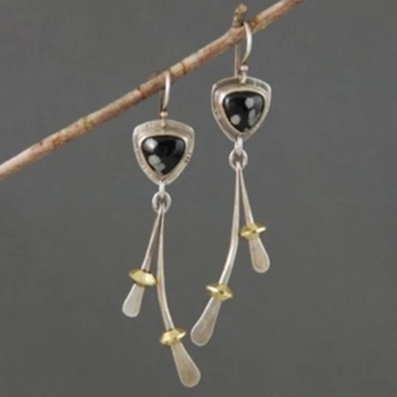 Винтажные милые кукольные колокольчики длинные серьги с каплями этнические инкрустированные геометрические треугольные черные каменная висячая серьга Z4D345 - Окраска металла: Earring D345