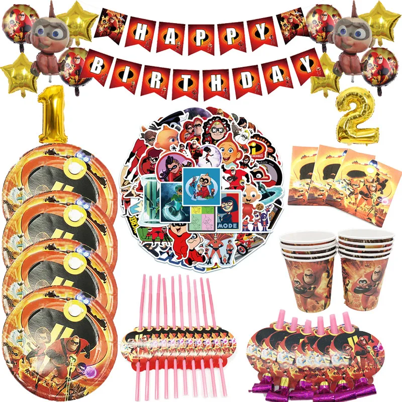 Incredibles 2 Theme Birthday party Decor Disposable Sets Plates Straws Banner Stickers Balloon Baby Shower Supplies | Дом и сад