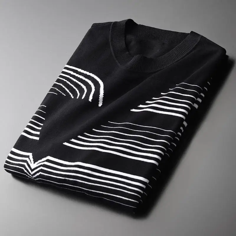 Minglu Autumn Men Sweater Luxury Round Collar Stripe Knitting Pullover Sweter Men Fashion Casual Slim Fit Mens Sweater 4XL - Цвет: BLACK  HDM19093