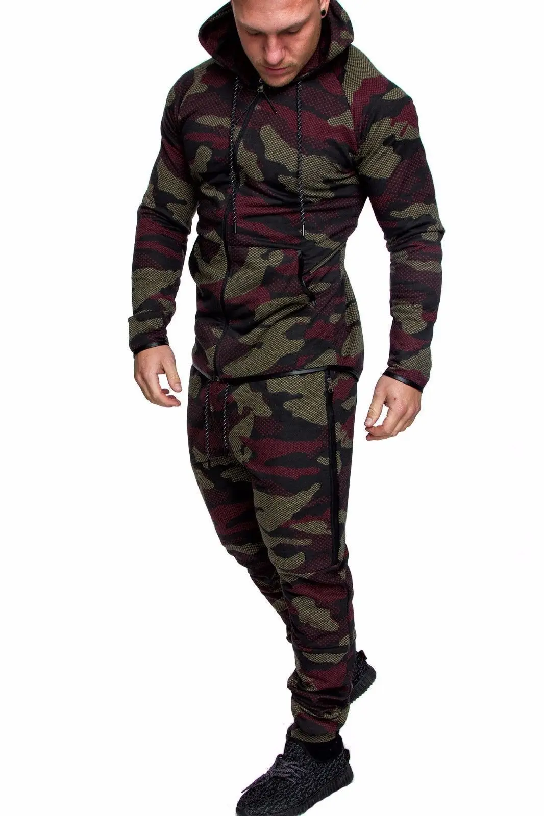 Red camouflage Спортивный костюм, мужской комплект, мужской повседневный костюм, камуфляжный спортивный кардиган для фитнеса, мужской цветной спортивный костюм, мужская одежда - Цвет: Red camouflage