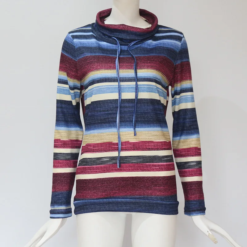 Водолазка свитер женский осенний свитер с длинным рукавом Полосатый многоцветный Повседневный пуловер со шнуровкой вязаный свитер туника
