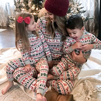 

2021 New Xmas Family Kids Adult Matching Christmas Pajamas Set Striped Elk Casual Family Matching Outfit Nightwear Cute PJ Set