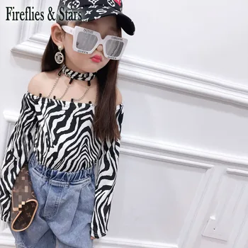

Spring girls blouse baby t shirt kids fashion tops children streetwear shoulderless zebra print halter medal chain 3 to 12 yrs