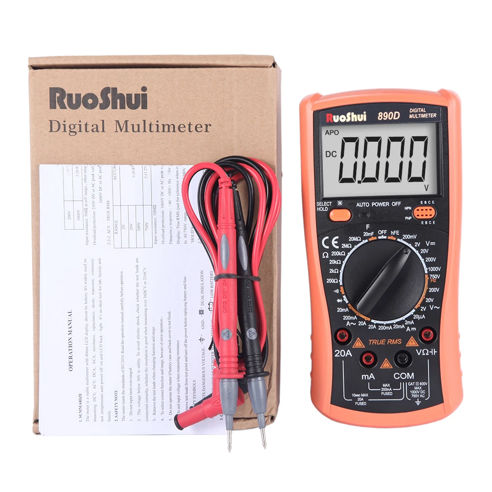 RuoShui 890D мультиметр True RMS 20000 мкФ Транзистор тестер Высокая точность интеллектуальные анти-сжигание универсальные цифровые мультиметры