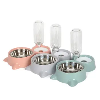 

Puppy Cat Dog Eating Bowl with Water Bottle Water Dispenser Automatic Feeder Double Bowls Pet Food Container