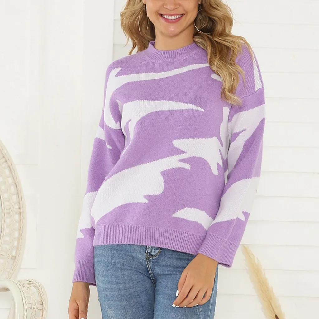 womens sweaters loose sweater Women Casual O-Neck Pullover long Sleeve Printed Loose Knitted Sweater Tops W918