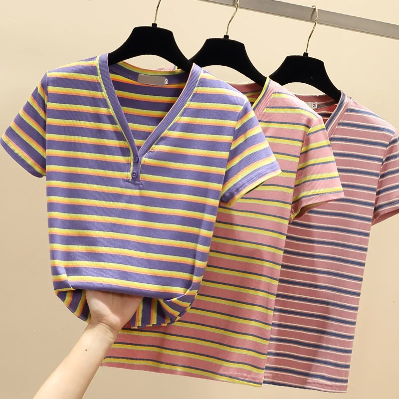 

gkfnmt Tees Tshirt Femme 2021 Rainbow Stripes Stripe T Shirt Women Cotton T-Shirt Woman Summer Sexy V-Neck Camiseta Feminina