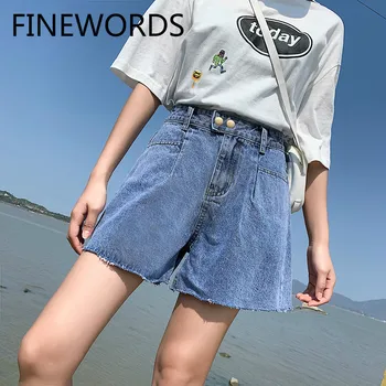 

FINEWORDS Casual Korean Basic High Waist Shorts Jeans Plus Size Wide Leg Jean Shorts Women Summer Casual Loose Blue Denim Shorts