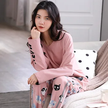 

New Style Pure Cotton Pajamas Female Autumn Winter Long Sleeve Loose Homewear Set Women'S Piece Factory Direct Selling