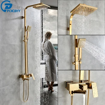 

POIQIHY Golden Bathtub Faucets 8" Brass Rainfall Gold Bathroom Shower Mixer Tap Wall Mounted Sliding Bar Shower Pipe Faucet