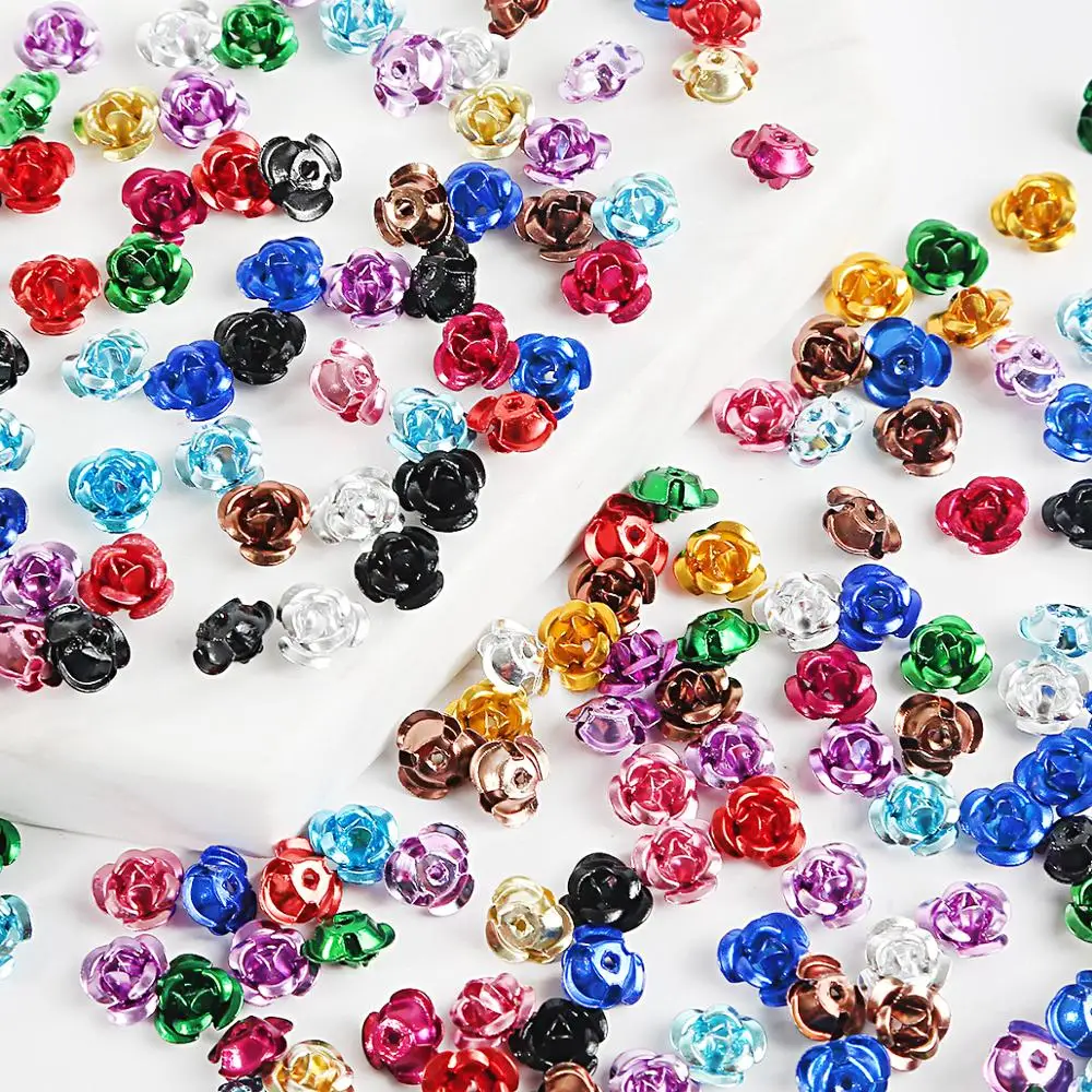 Metal Beads Metallic Beads 100pcs 6/8/12mm Aluminum 3D Rose Flower Wedding Party DIY Crafts Decoration Multicolors Beads Home Decor Diy Sewing Materials