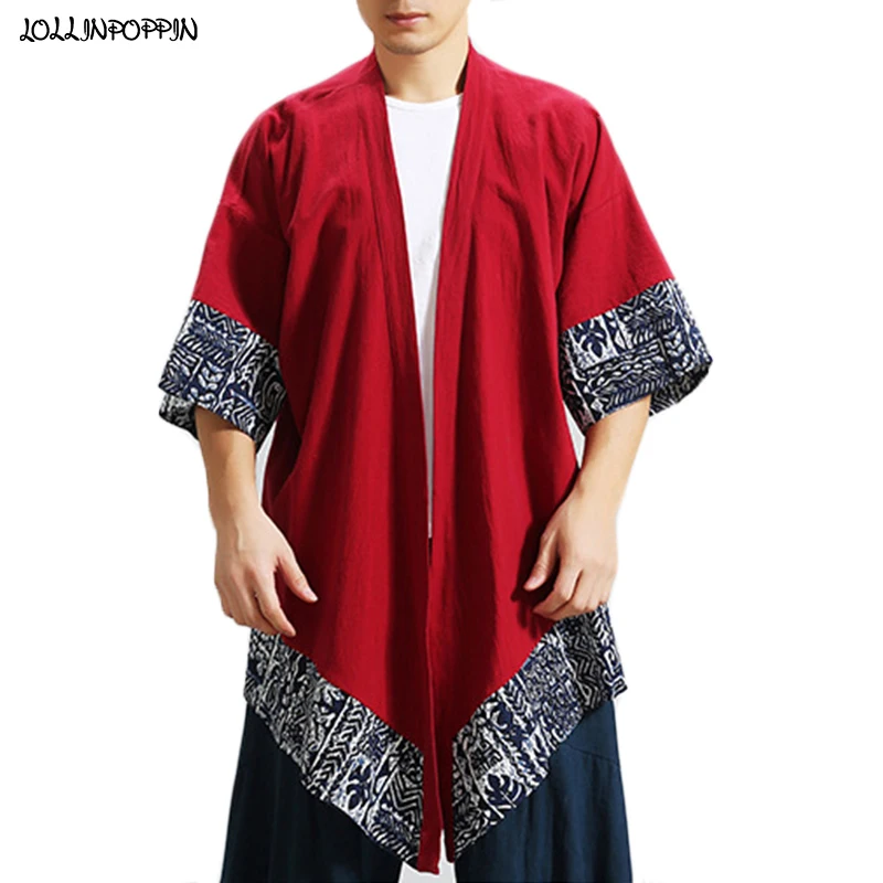 Японский стиль мужской свободный жакет кимоно Haori льняной кардиган с открытой