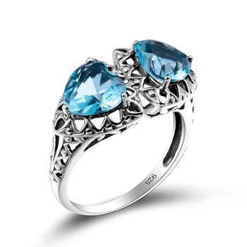 

Fine Heart Shape Bohemian Rings For Women Austrian Aquamarine Wedding Favors And Gifts Kpop 925 Silver Vintage Jewelry