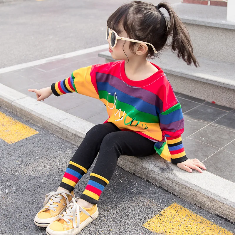 

Baby girl clothes new cotton warm two-piece rainbow stripes casual sports clothes baby girl clothes letter print baby suit