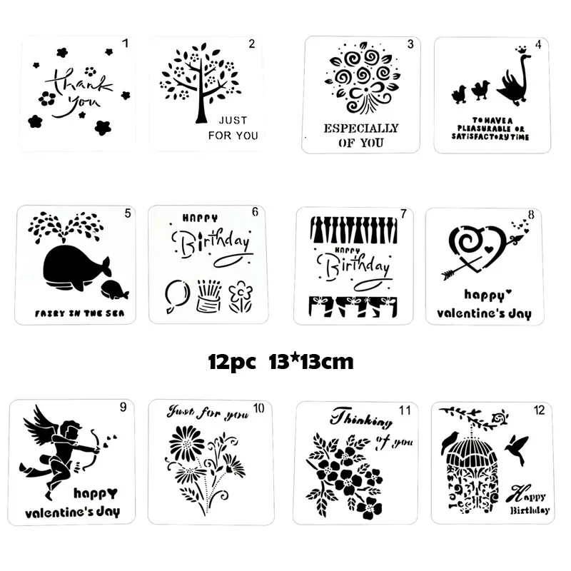 12pc Animal Plant Painting Template DIY Coloring Embossing Stencil Accessories Graffiti Office School Supplies Reusable 6pc set heart stencil painting templates accessories diy scrapbooking embossing coloring diary reusable office school supplies