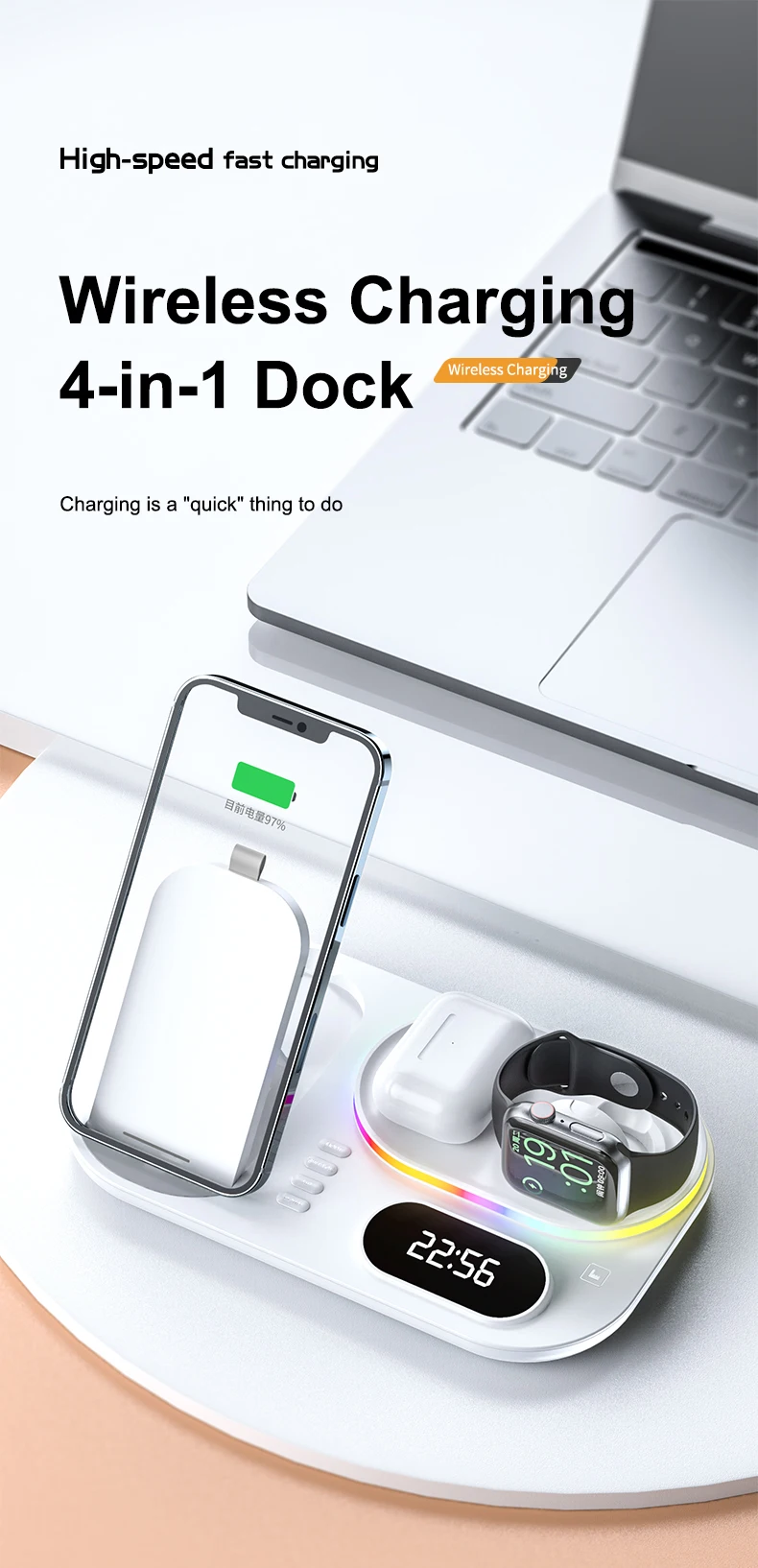 apple magsafe duo charger 30W Fast Wireless Charger For Airpods Pro Apple IWatch 4IN1 Time Clock RGB Light Charging Station for iPhone X 13 12 11 Pro Max huawei wireless charger