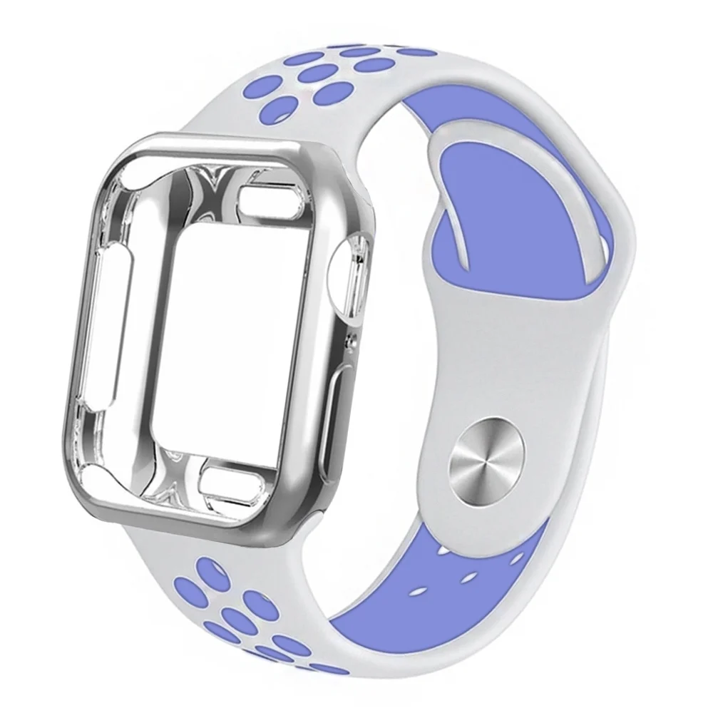 White with purple Чехол+ ремешок для apple Watch 5 ремешок 42 мм 38 мм 40 мм 44 мм спортивный силиконовый браслет для apple iwatch series 5 4 3 2 1 Аксессуары - Цвет ремешка: White with purple