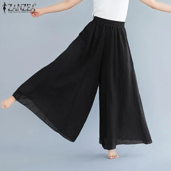 

Women Wide Leg Pants 2020 ZANZEA Fashion Ladies Elegant Elastic High Waist Trousers Female Casual Solid Long Pantalon Streetwear