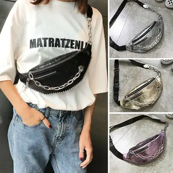 

Fashion Girls Women Ladies Sequins PU Metal Chain Waist Bag Pack Outdoor Sports Pouch Belt Hip Chest Crossbody Travel Purse Bag