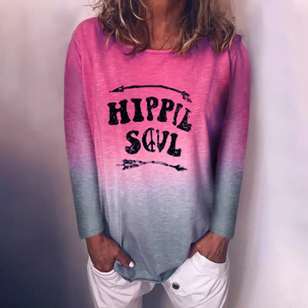 

Rainbow Color Gradient Print Autumn T Shirt O Neck Long Sleeve Casual Loose Women's T-shirt Female Mujer Top Tees haut femme