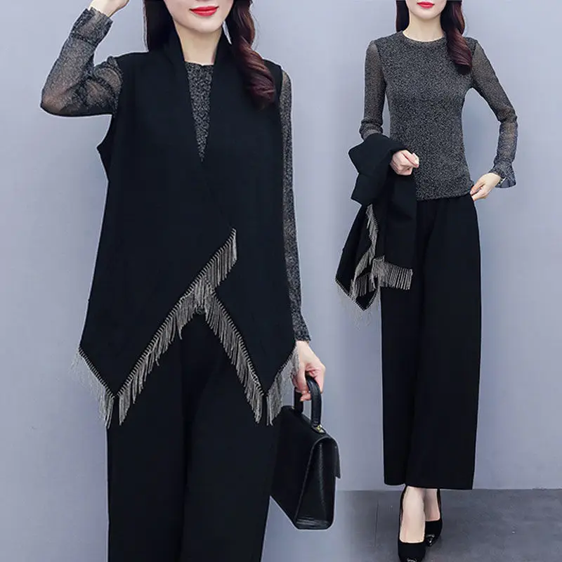 

Women's suit 2020 autumn fat sister elastic bottoming shirt wide leg pants vest three piece suit large women's loose style suit
