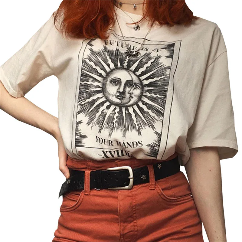 

women casual fashion t-shirt khaki letter sun moon print loose o-neck half sleeve elastic stretched summer home new