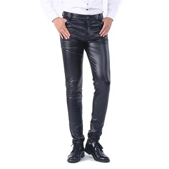 

2020 New Men`s Business Slim Fit Five Pockets Stretchy Comfy Black Solid Faux Leather Pants Jeans Trousers For Men