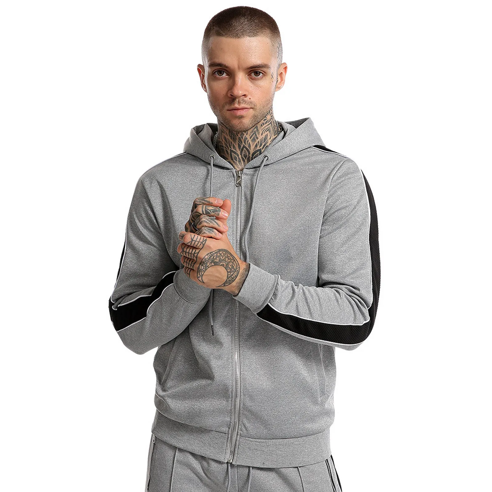 Men's Tracksuit Hoodie Suit With Pockets And Zip Solid Colour Patchwork Suit Comfy Daily Simple Sweatshirt Set Худи Мужские 2021 2