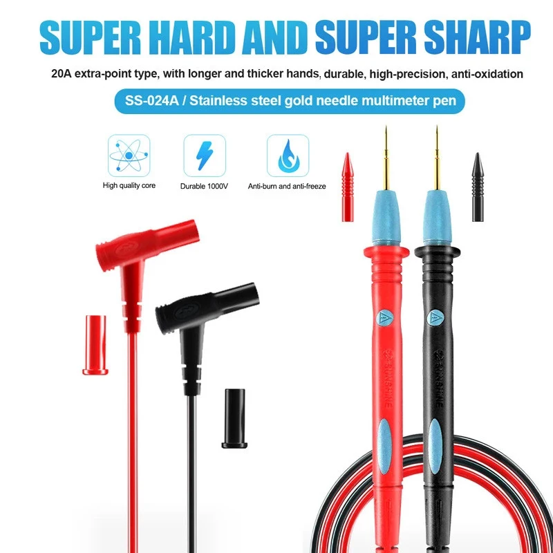 

Sunshine SS-024A 1000V 20A Super Hard Extra Tip Universal High-precision Stainless Steel Gold Needle Multimeter Pen