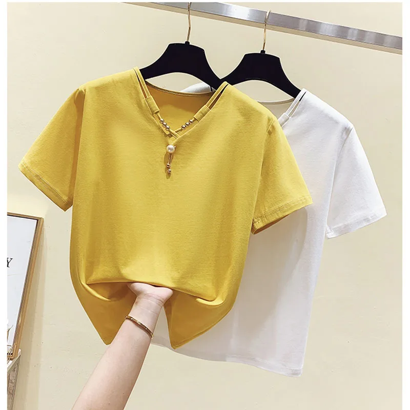 

GGRIGHT 2021 Short Sleeve Cotton Women Casual Yellow Summer Hollow Out White Basic T Shirts Sexy Clothing