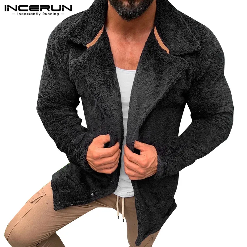 INCERUN флисовые мужские куртки теплые пальто с длинными рукавами и пуговицами уличная зимняя модная мужская верхняя одежда пушистые однотонные пальто S-5XL