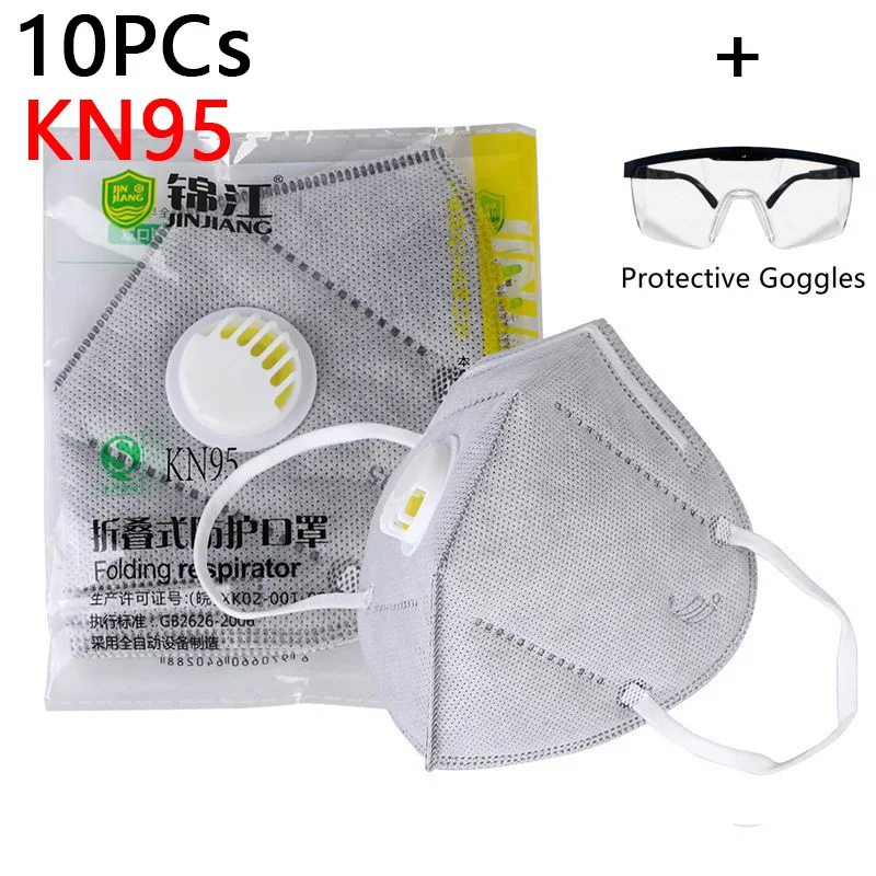 

10PCs KN95 Folding Valved Dust Mask PM2.5 Anti Virus Bacteria Proof Face Mouth Mask Anti-Pollution Send Protective Goggle Gift
