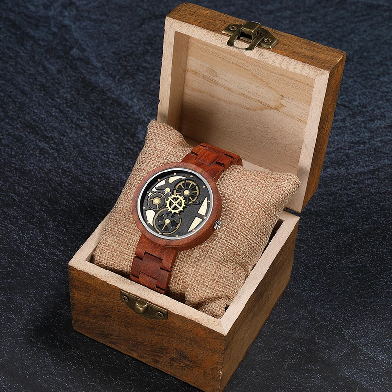 Creative Men's Quartz Movement Wooden Watch Gear Dial Design Features Hands Wooden Strap Business Fashion Gifts for Men 2021 New