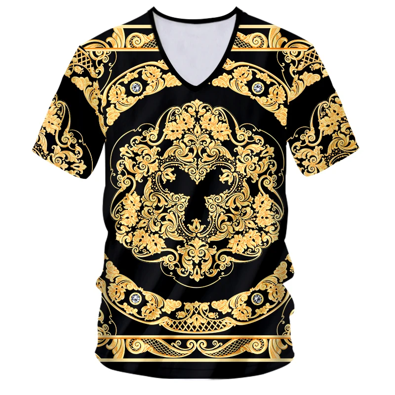 

IFPD EU/US size Fashion Men Golden Flower 3D Print V-Neck T-shirts Summer Homme Short Sleeve Luxury Royal Baroque Men's Clothes