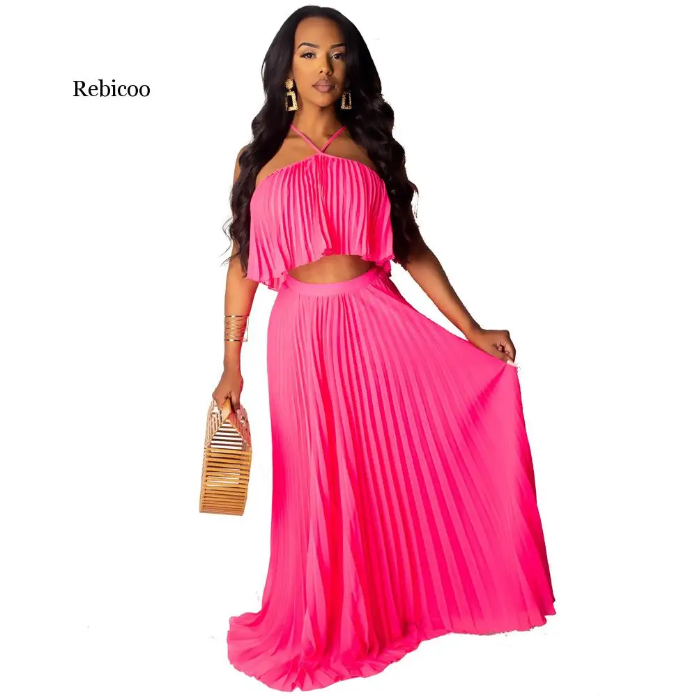 

Rebicoo Summer Chiffon Yellow Two Piece Set Spaghetti Strap Halter Ruched 2 Piece Set Women Sexy Club Women Two Piece Outfits