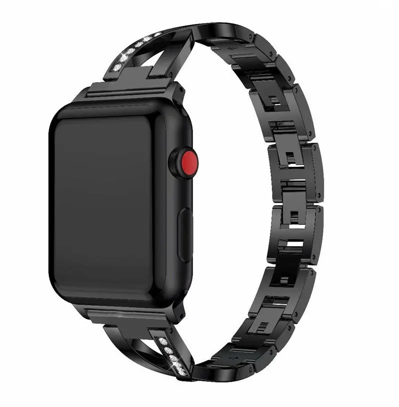 Для iWatch 5 4 3 2 1 серия X образный ремешок из нержавеющей стали со стразами металлический ремешок для часов 38 мм 40 мм 42 мм 44 мм - Цвет ремешка: Черный