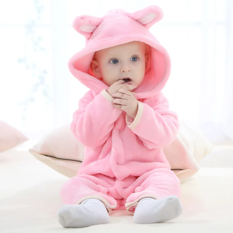 Детский девичий комбинезон для новорожденных; Пижама с капюшоном; mameluco bebe; зимняя теплая одежда с животными; удобная свободная одежда - Цвет: Бежевый