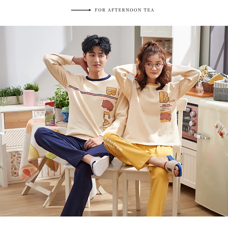 QWEEK/хлопковое ночное белье с длинными рукавами для женщин из двух предметов, корейская версия, пижамы для влюбленных пар, новые домашние пижамы с рисунком, Женский комплект
