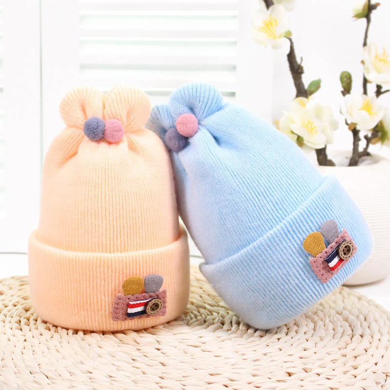 

Button Rabbit Ear Knitted Baby Winter Hat For Kids Handmade Beanies Double Side Bonnet Warm Winter Hats Cute Baby Caps 2019