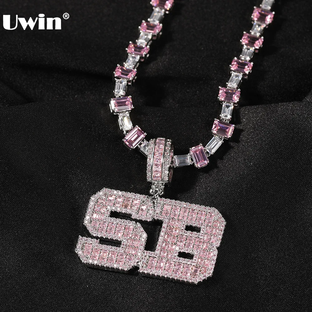 UWIN Custom Baguette Name Pendant with Pink Stone Heart tennis Chains